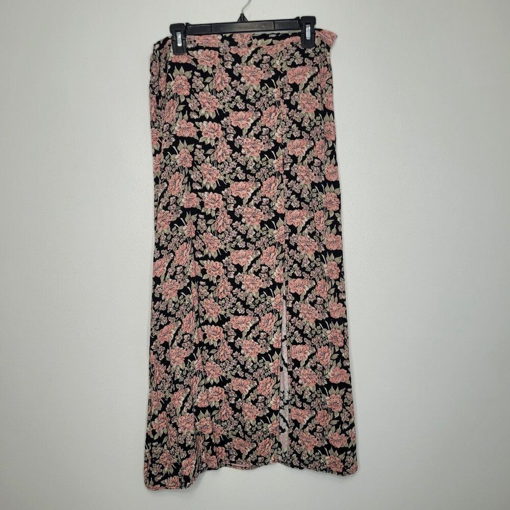 Pink black floral pull on maxi slit romantic feminine grunge moody skirt